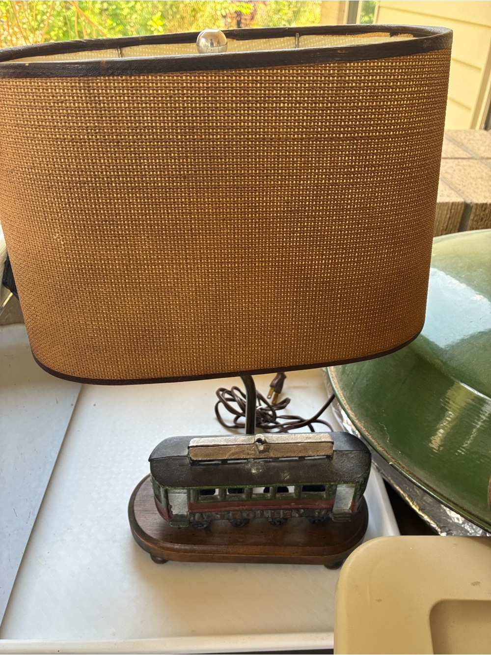 cast iron trolley car table lamp hand-painted red green black wooden base beige